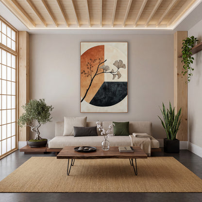 Ginkgo Branch Ivory Slate Circle wall art in a calm Japandi-style room – black ginkgo branch with fan leaves