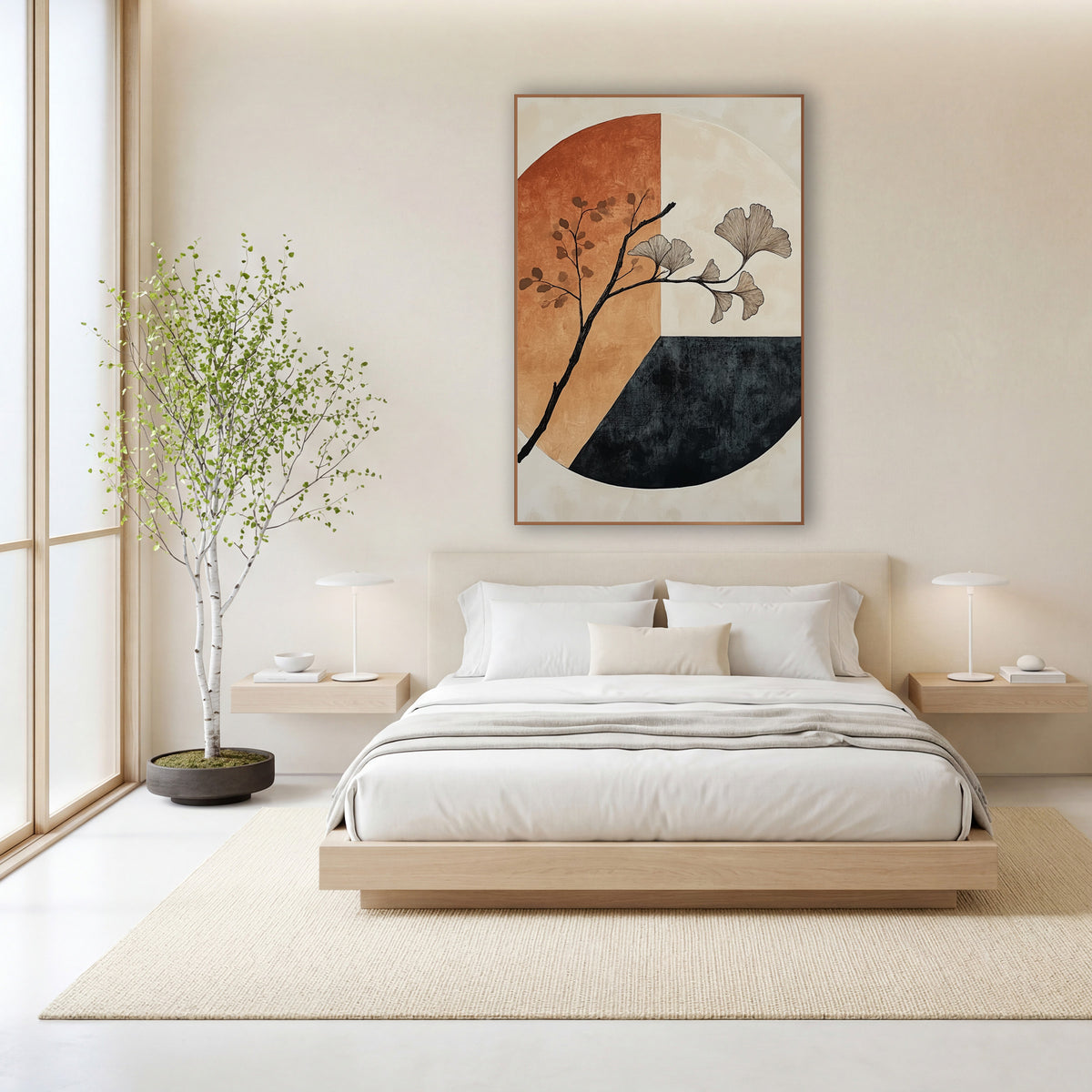 Ginkgo Branch Ivory Slate Circle wall art in a calm Japandi-style room – black ginkgo branch with fan leaves