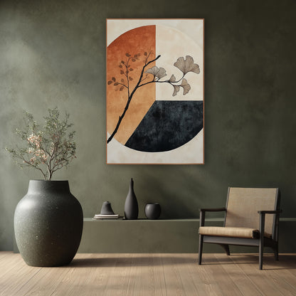Ginkgo Branch Ivory Slate Circle wall art in a calm Japandi-style room – black ginkgo branch with fan leaves