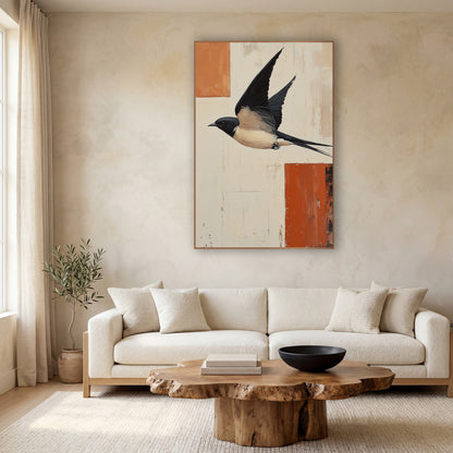 Swallow Over Rust Blocks Abstract wall art in a calm Japandi-style room – swallow in flight with raised wings and long