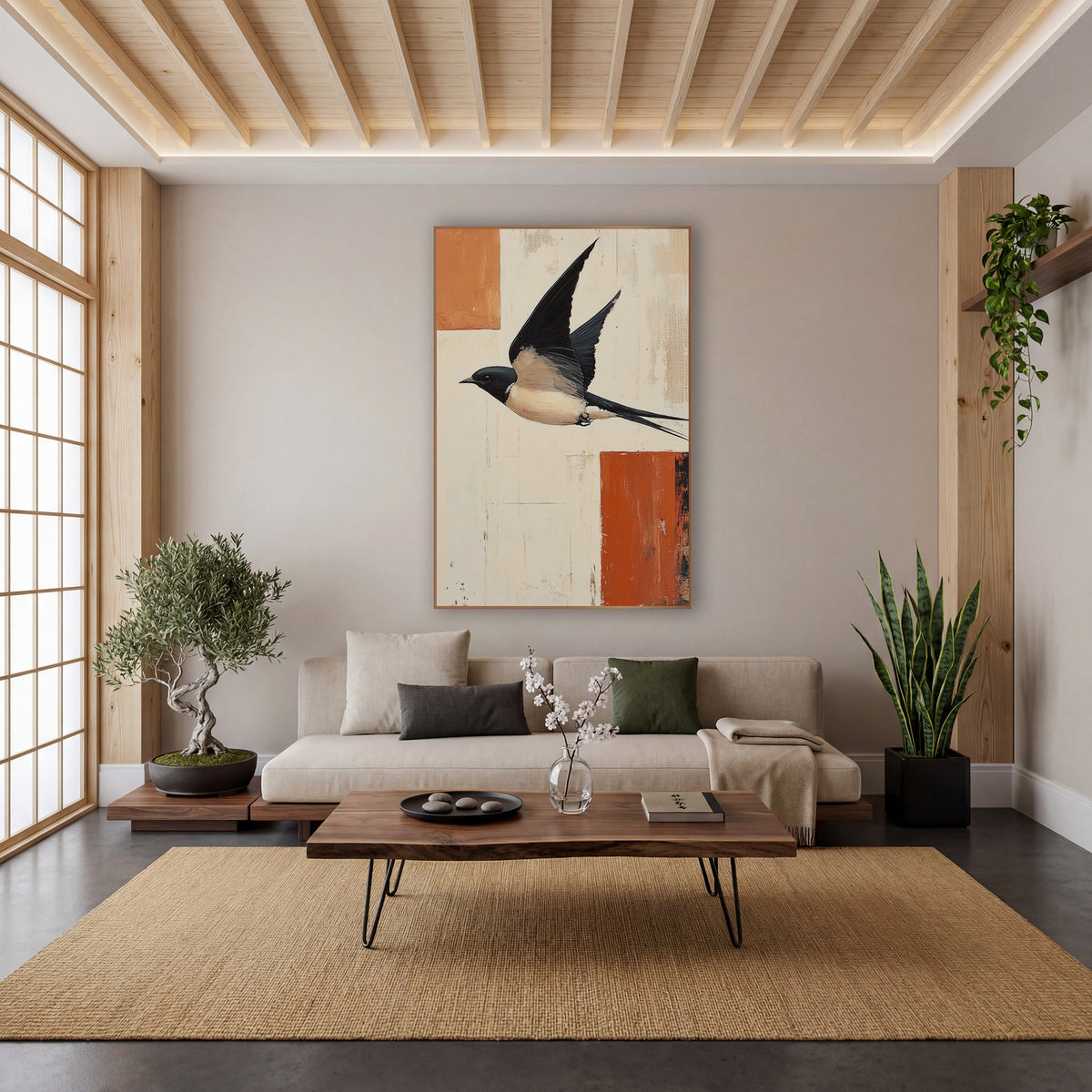 Swallow Over Rust Blocks Abstract wall art in a calm Japandi-style room – swallow in flight with raised wings and long