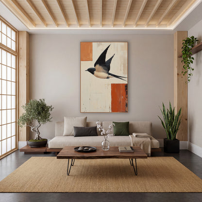 Swallow Over Rust Blocks Abstract wall art in a calm Japandi-style room – swallow in flight with raised wings and long