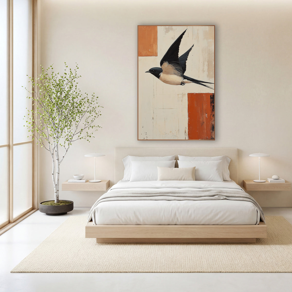 Swallow Over Rust Blocks Abstract wall art in a calm Japandi-style room – swallow in flight with raised wings and long