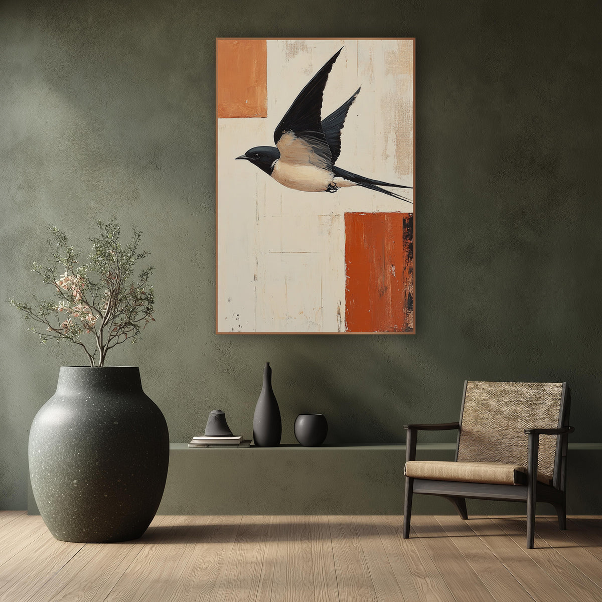 Swallow Over Rust Blocks Abstract wall art in a calm Japandi-style room – swallow in flight with raised wings and long