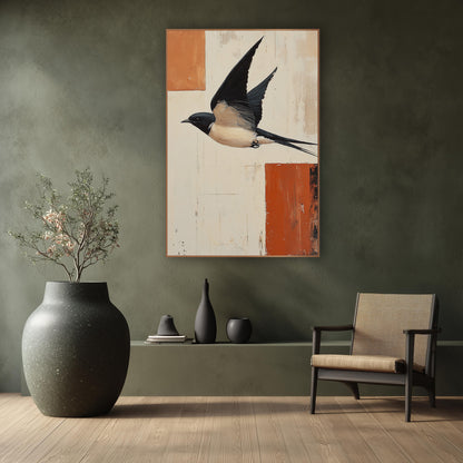 Swallow Over Rust Blocks Abstract wall art in a calm Japandi-style room – swallow in flight with raised wings and long