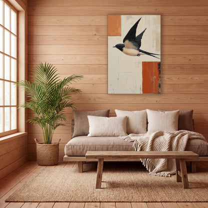 Swallow Over Rust Blocks Abstract wall art in a calm Japandi-style room – swallow in flight with raised wings and long