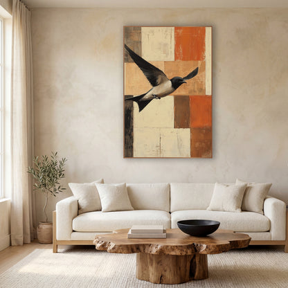 Swallow Patchwork Grid Flight Modern wall art in a calm Japandi-style room – black and cream swallow flying with wings