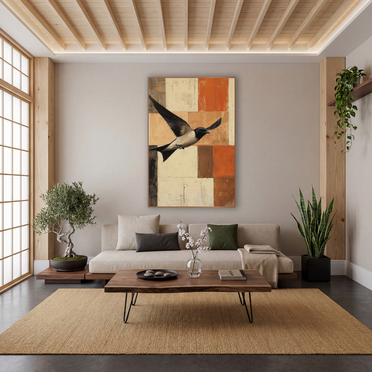 Swallow Patchwork Grid Flight Modern wall art in a calm Japandi-style room – black and cream swallow flying with wings