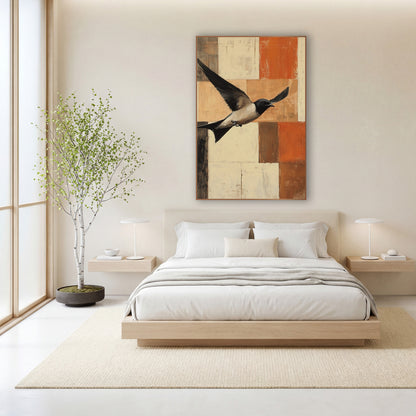 Swallow Patchwork Grid Flight Modern wall art in a calm Japandi-style room – black and cream swallow flying with wings