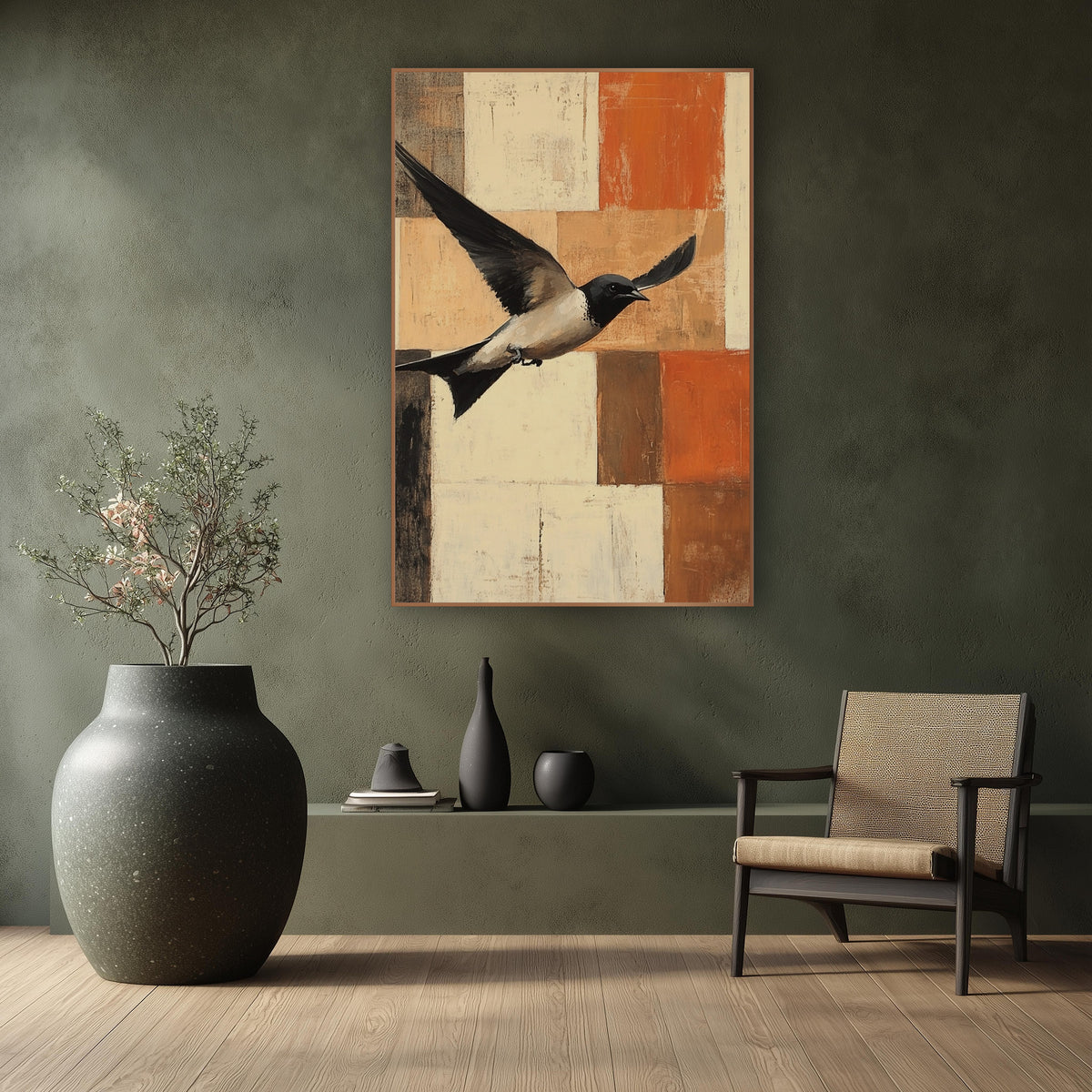 Swallow Patchwork Grid Flight Modern wall art in a calm Japandi-style room – black and cream swallow flying with wings