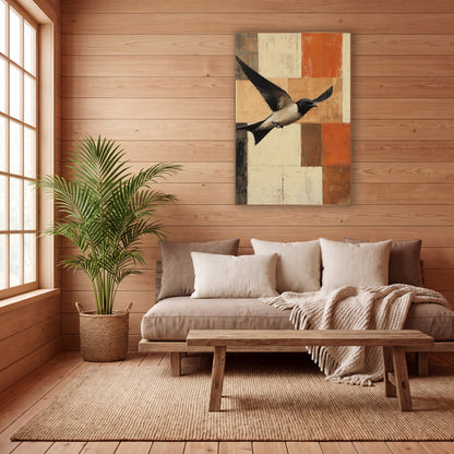 Swallow Patchwork Grid Flight Modern wall art in a calm Japandi-style room – black and cream swallow flying with wings
