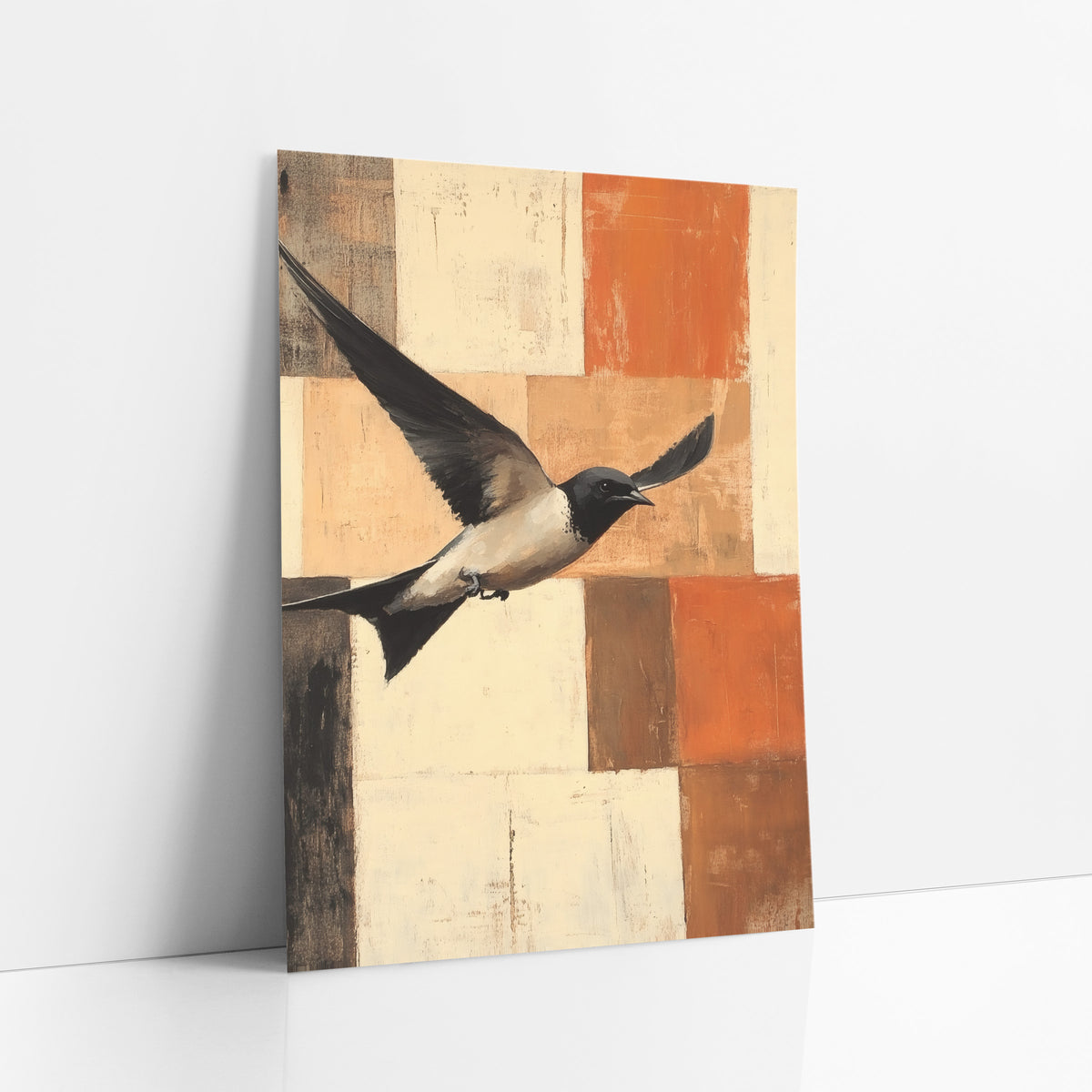 Swallow Patchwork Grid Flight Modern art print leaning against a white wall – black and cream swallow flying with wings