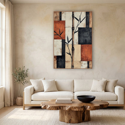 Bamboo Stalk Geometric Japandi wall art in a calm Japandi-style room – tall bamboo stalk with dark leaves over rust