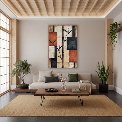 Bamboo Stalk Geometric Japandi wall art in a calm Japandi-style room – tall bamboo stalk with dark leaves over rust