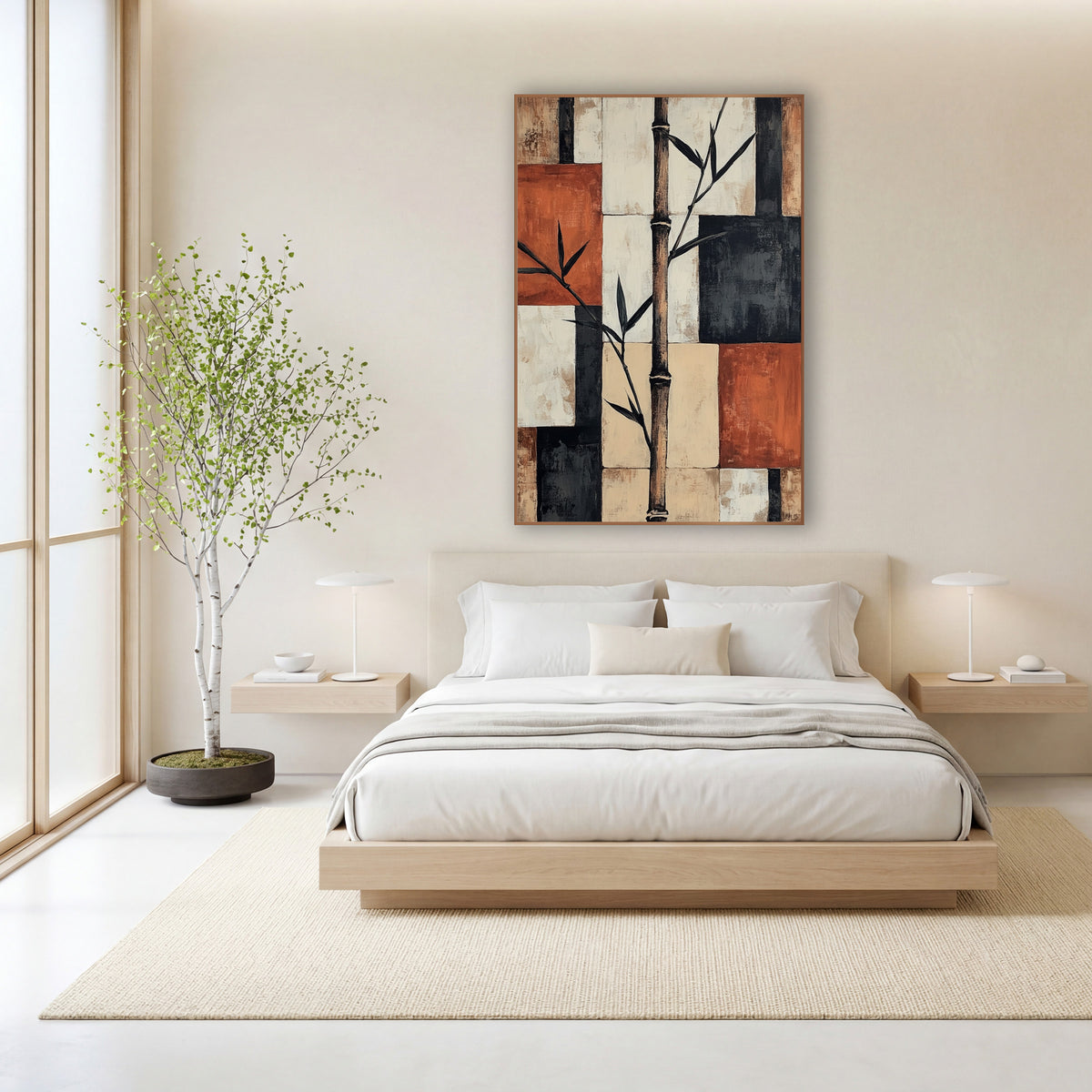 Bamboo Stalk Geometric Japandi wall art in a calm Japandi-style room – tall bamboo stalk with dark leaves over rust
