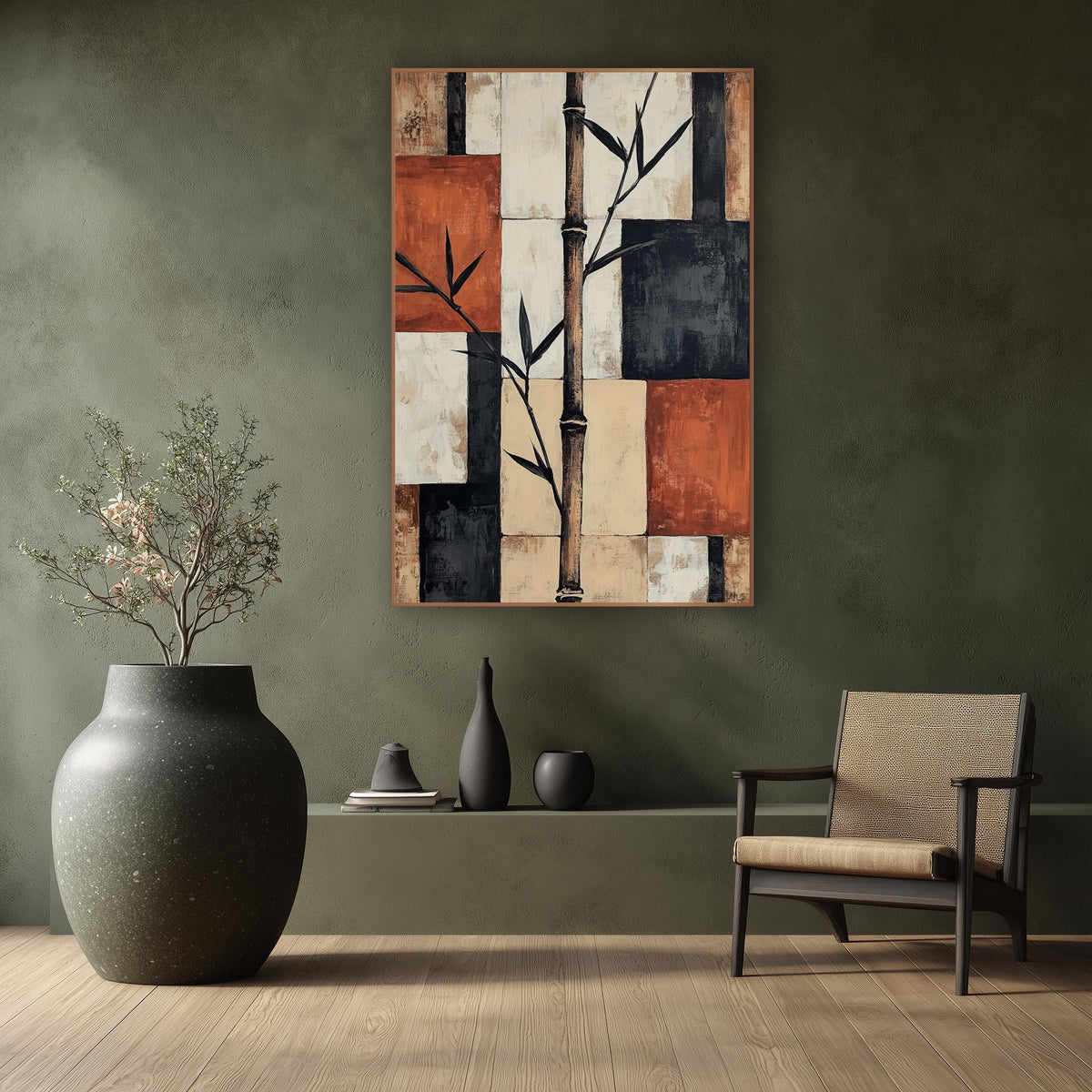 Bamboo Stalk Geometric Japandi wall art in a calm Japandi-style room – tall bamboo stalk with dark leaves over rust