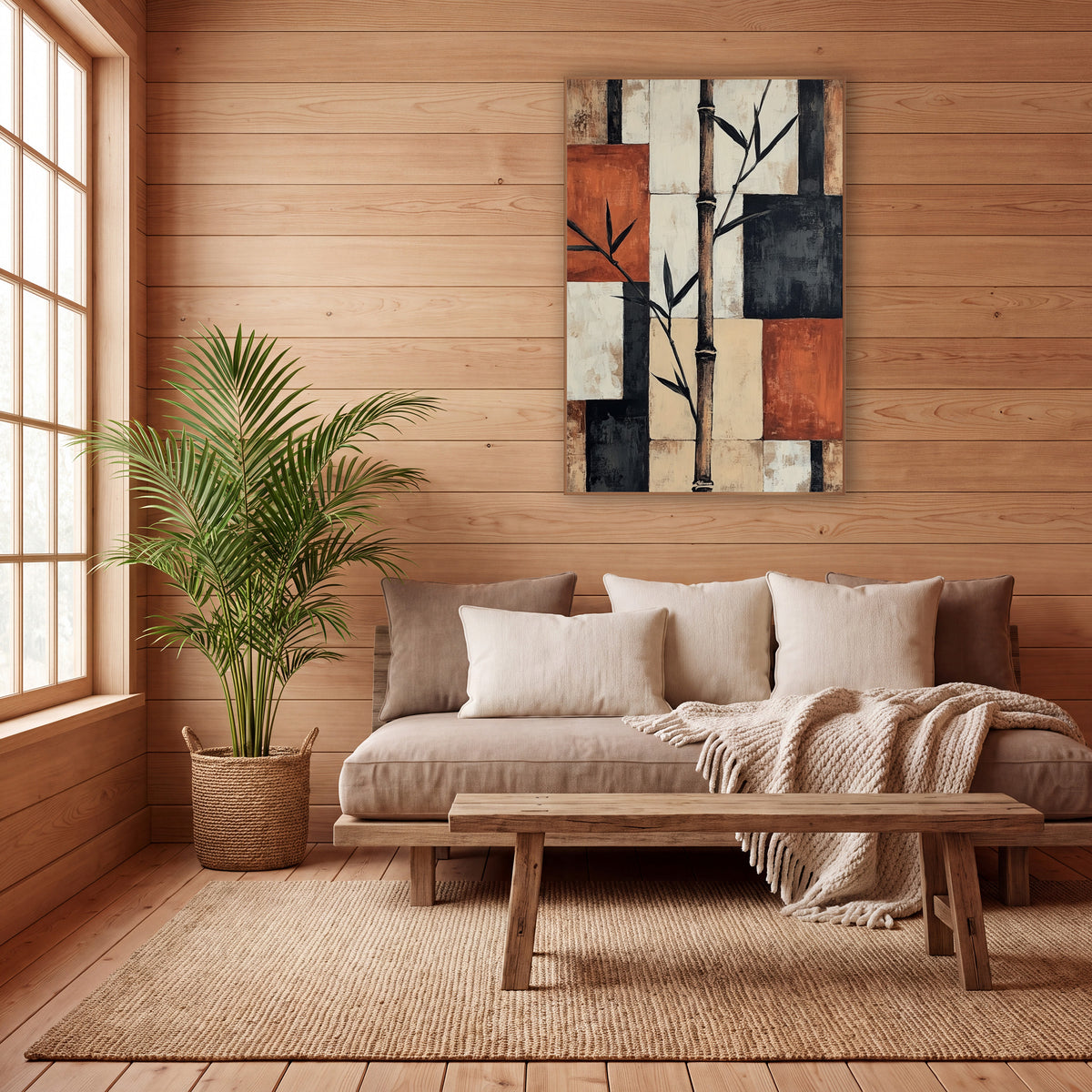 Bamboo Stalk Geometric Japandi wall art in a calm Japandi-style room – tall bamboo stalk with dark leaves over rust