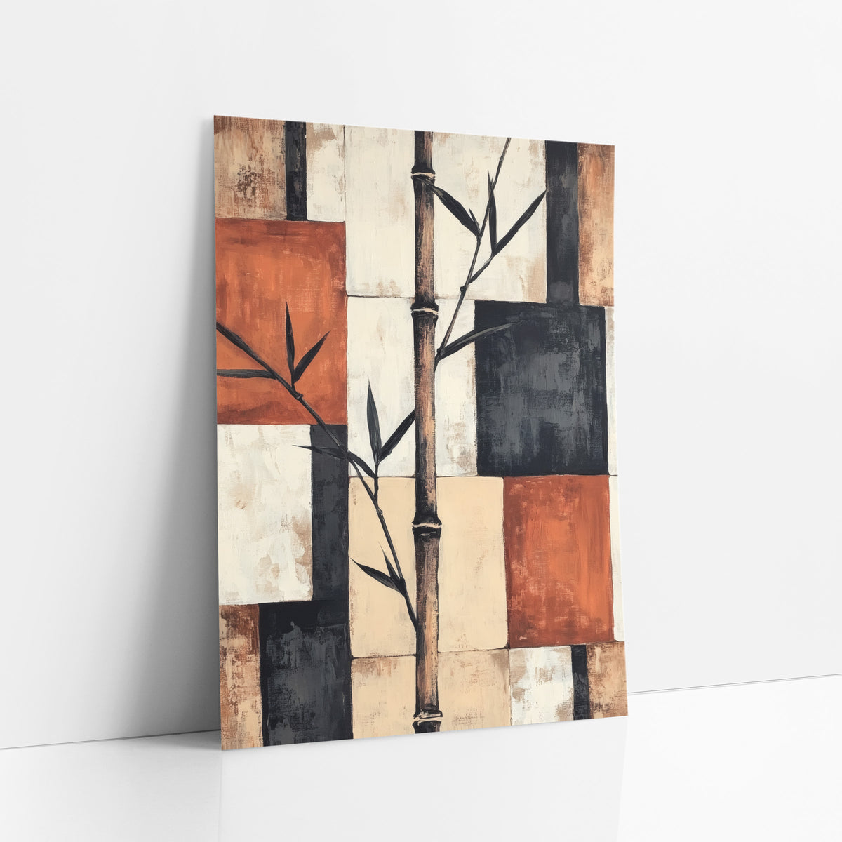 Bamboo Stalk Geometric Japandi art print leaning against a white wall – tall bamboo stalk with dark leaves over rust orange