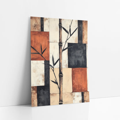 Bamboo Stalk Geometric Japandi art print leaning against a white wall – tall bamboo stalk with dark leaves over rust orange