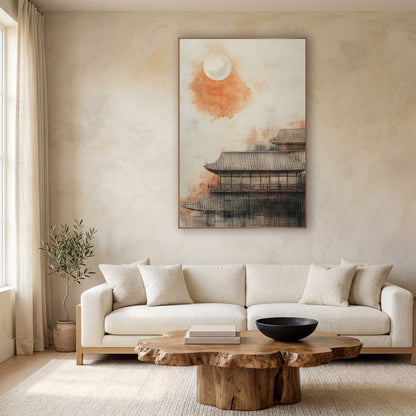 Orange Moon Tiled Roof Japandi wall art in a calm Japandi-style room – pale full moon over an orange wash and tiled