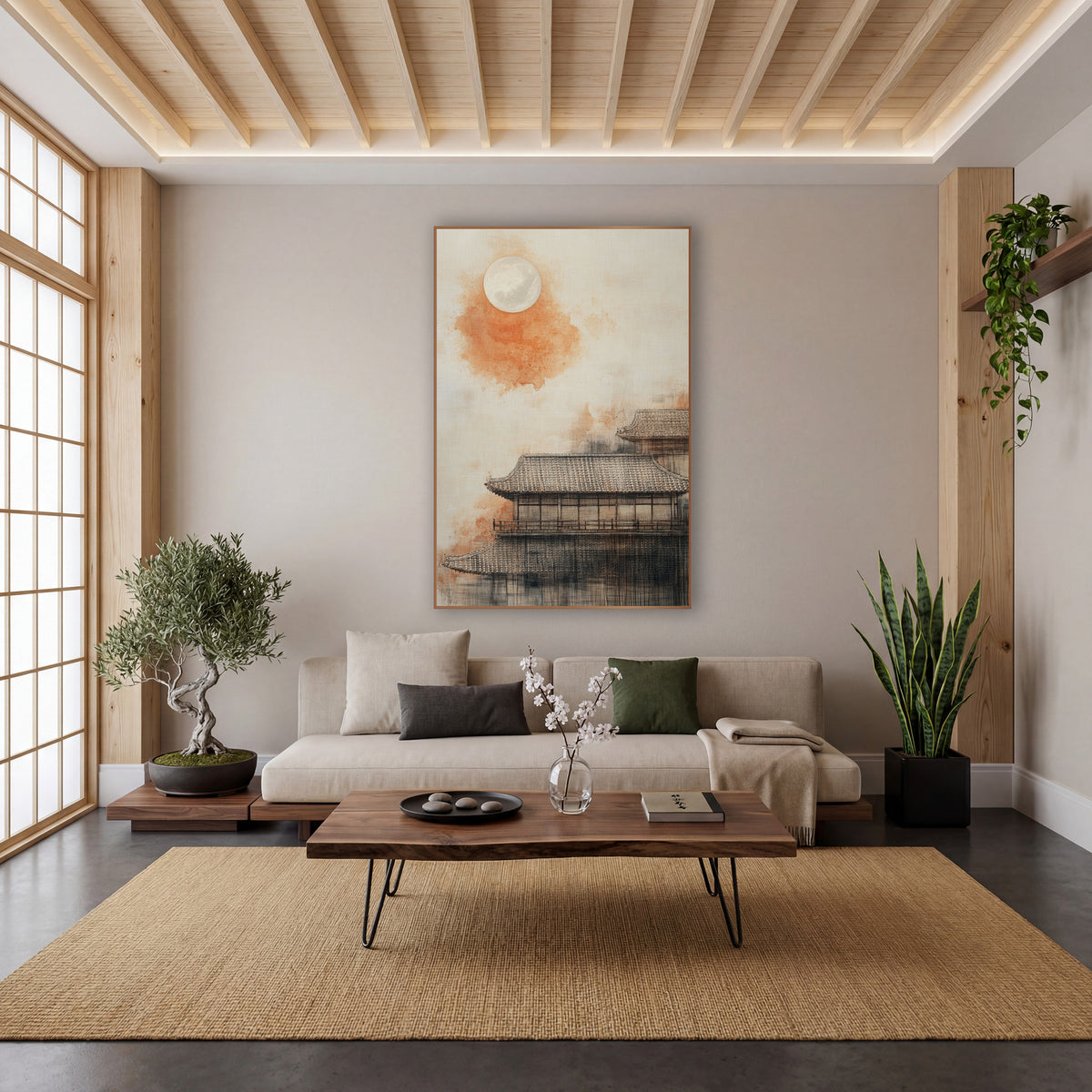 Orange Moon Tiled Roof Japandi wall art in a calm Japandi-style room – pale full moon over an orange wash and tiled