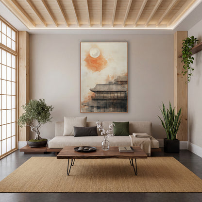 Orange Moon Tiled Roof Japandi wall art in a calm Japandi-style room – pale full moon over an orange wash and tiled