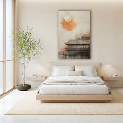 Orange Moon Tiled Roof Japandi wall art in a calm Japandi-style room – pale full moon over an orange wash and tiled