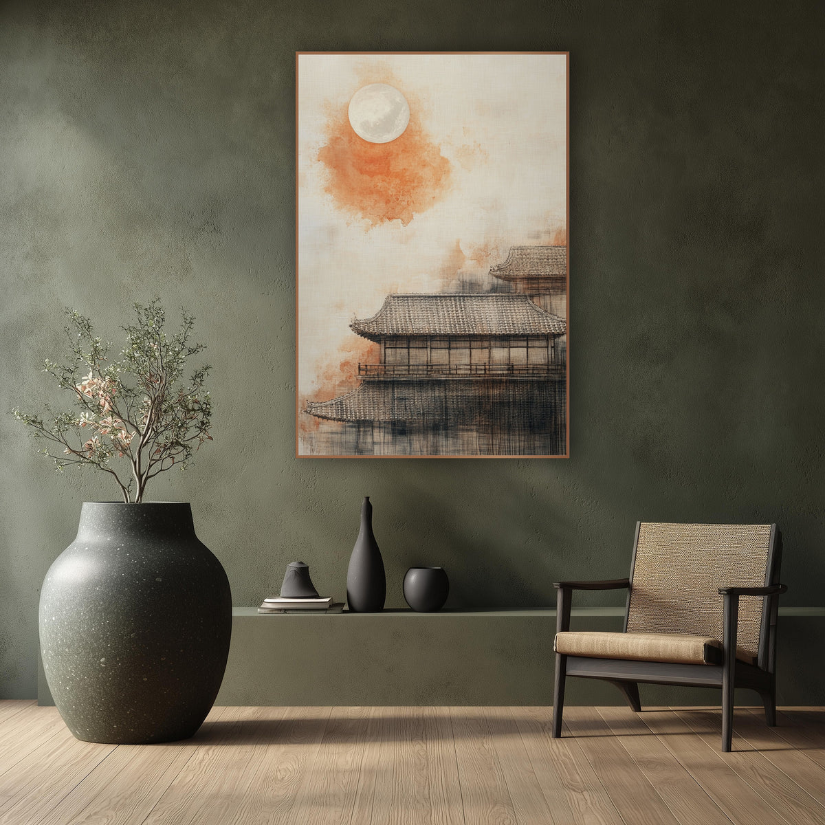 Orange Moon Tiled Roof Japandi wall art in a calm Japandi-style room – pale full moon over an orange wash and tiled