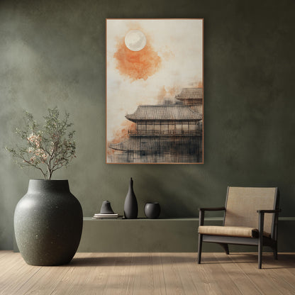 Orange Moon Tiled Roof Japandi wall art in a calm Japandi-style room – pale full moon over an orange wash and tiled