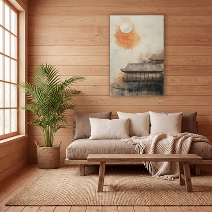 Orange Moon Tiled Roof Japandi wall art in a calm Japandi-style room – pale full moon over an orange wash and tiled