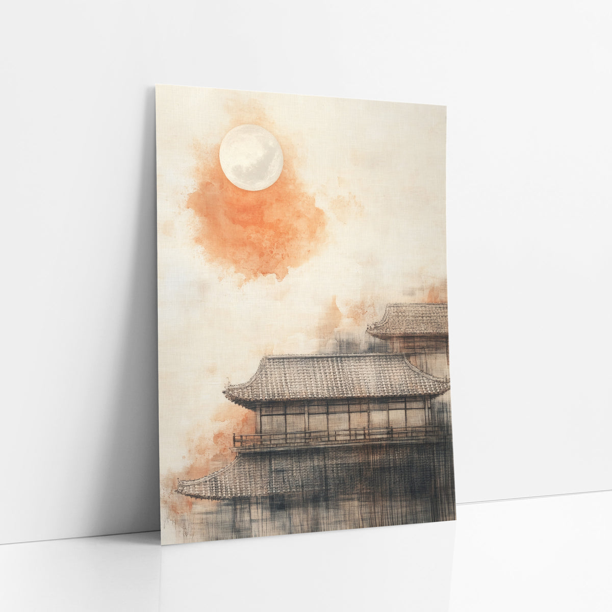 Orange Moon Tiled Roof Japandi art print leaning against a white wall – pale full moon over an orange wash and tiled roofs