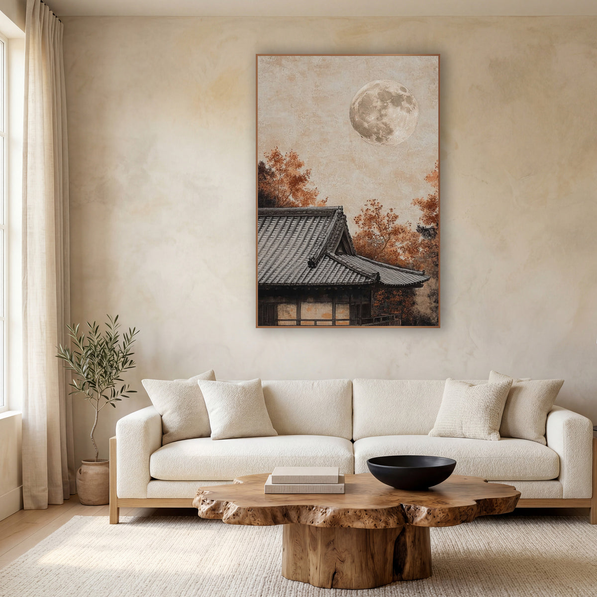 Full Moon Temple Roof Japandi wall art in a calm Japandi-style room – full moon over a gray tiled Japanese roof