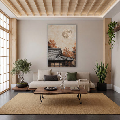 Full Moon Temple Roof Japandi wall art in a calm Japandi-style room – full moon over a gray tiled Japanese roof