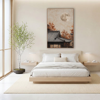 Full Moon Temple Roof Japandi wall art in a calm Japandi-style room – full moon over a gray tiled Japanese roof