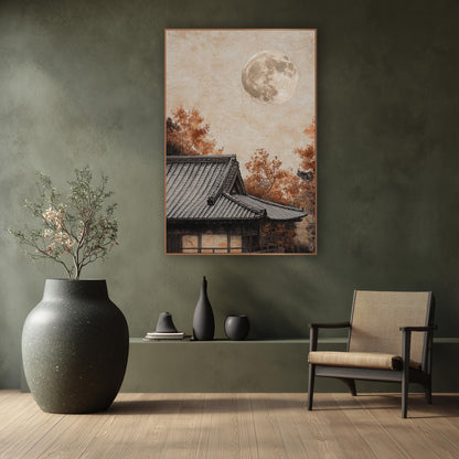 Full Moon Temple Roof Japandi wall art in a calm Japandi-style room – full moon over a gray tiled Japanese roof