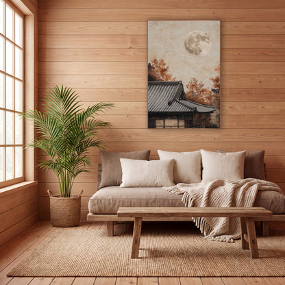 Full Moon Temple Roof Japandi wall art in a calm Japandi-style room – full moon over a gray tiled Japanese roof