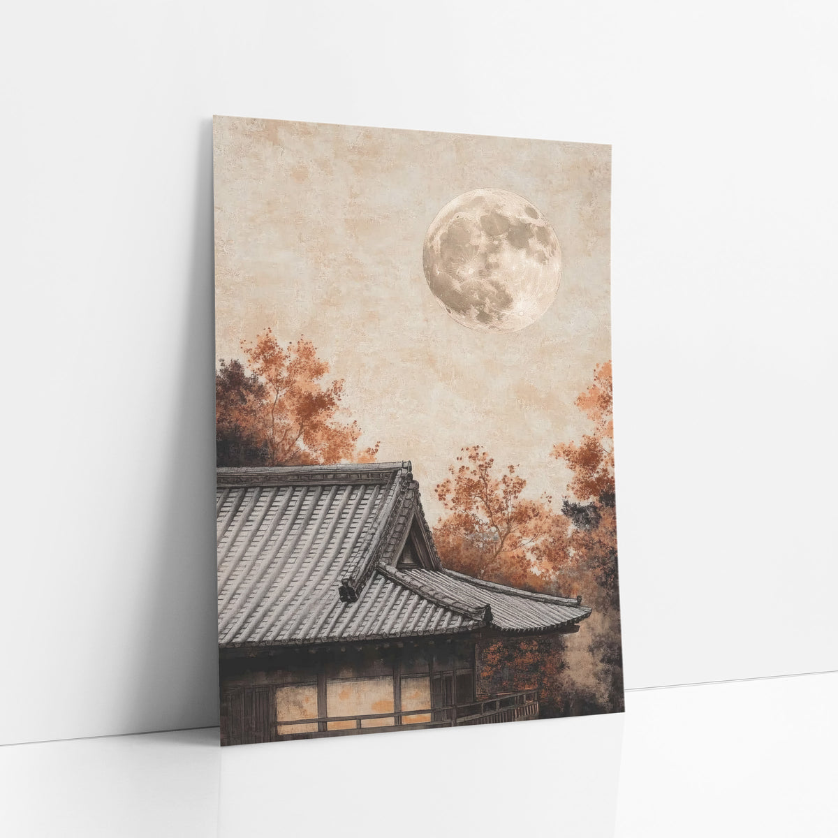 Full Moon Temple Roof Japandi art print leaning against a white wall – full moon over a gray tiled Japanese roof with rust
