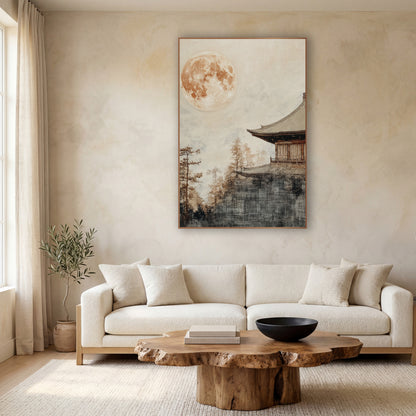 Harvest Moon Pavilion Japandi wall art in a calm Japandi-style room – large amber full moon above a tiled pavilion