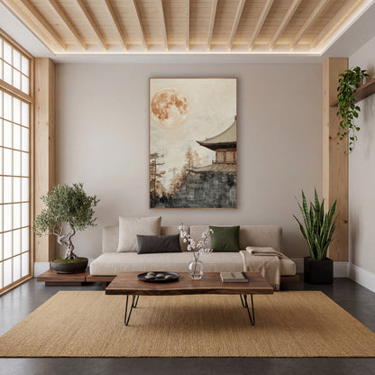 Harvest Moon Pavilion Japandi wall art in a calm Japandi-style room – large amber full moon above a tiled pavilion