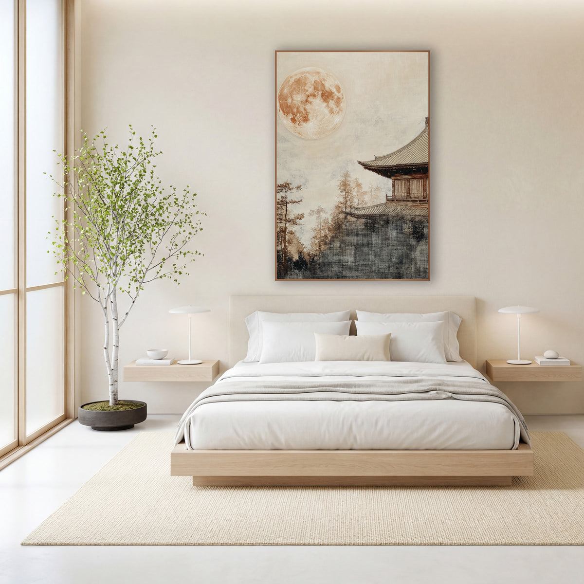 Harvest Moon Pavilion Japandi wall art in a calm Japandi-style room – large amber full moon above a tiled pavilion