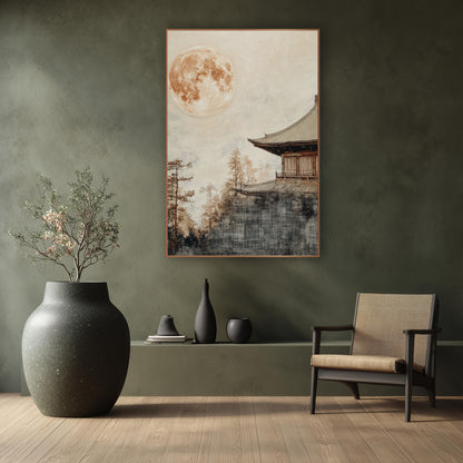Harvest Moon Pavilion Japandi wall art in a calm Japandi-style room – large amber full moon above a tiled pavilion