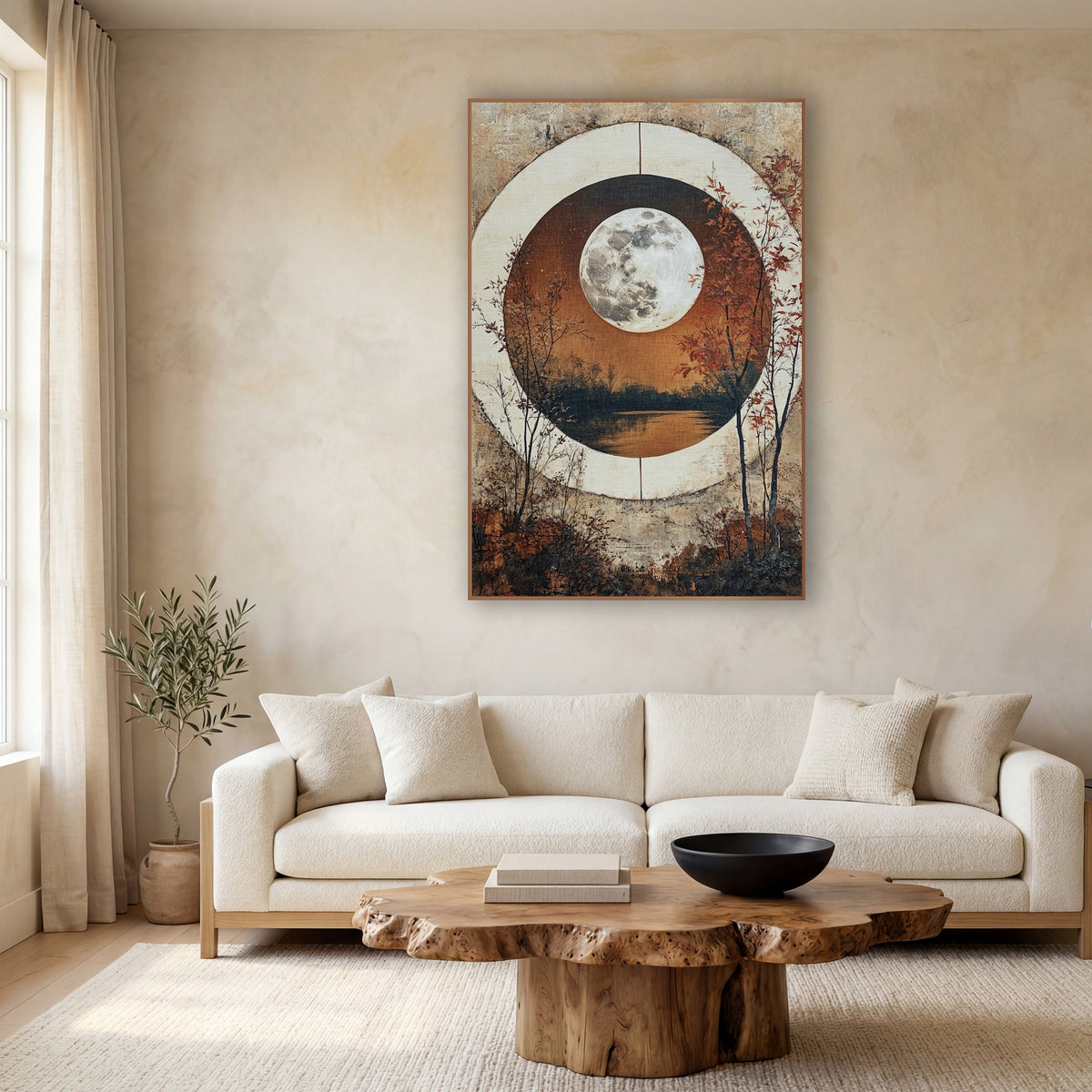 Full Moon Circle Window Landscape wall art in a calm Japandi-style room – full moon over a still lake inside a round