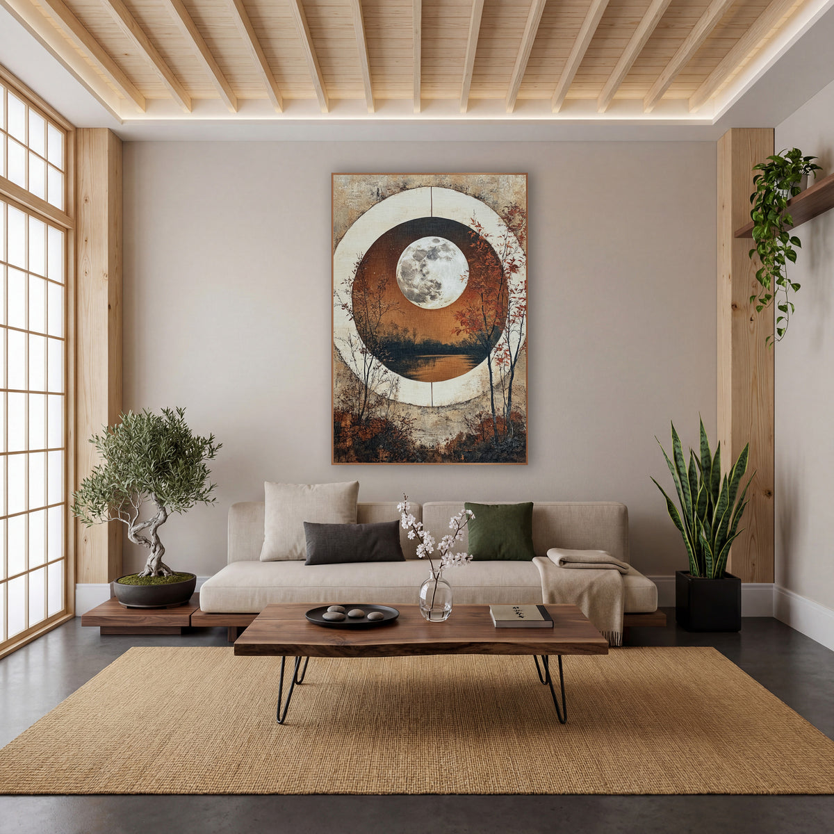 Full Moon Circle Window Landscape wall art in a calm Japandi-style room – full moon over a still lake inside a round