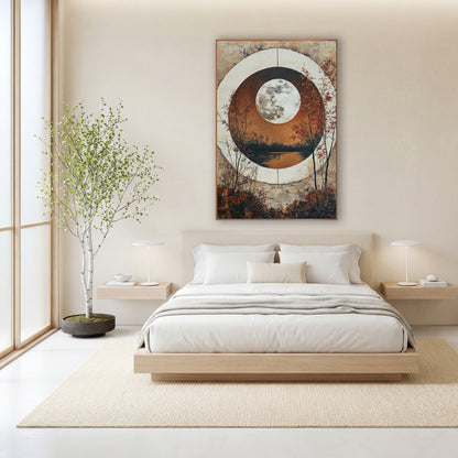 Full Moon Circle Window Landscape wall art in a calm Japandi-style room – full moon over a still lake inside a round