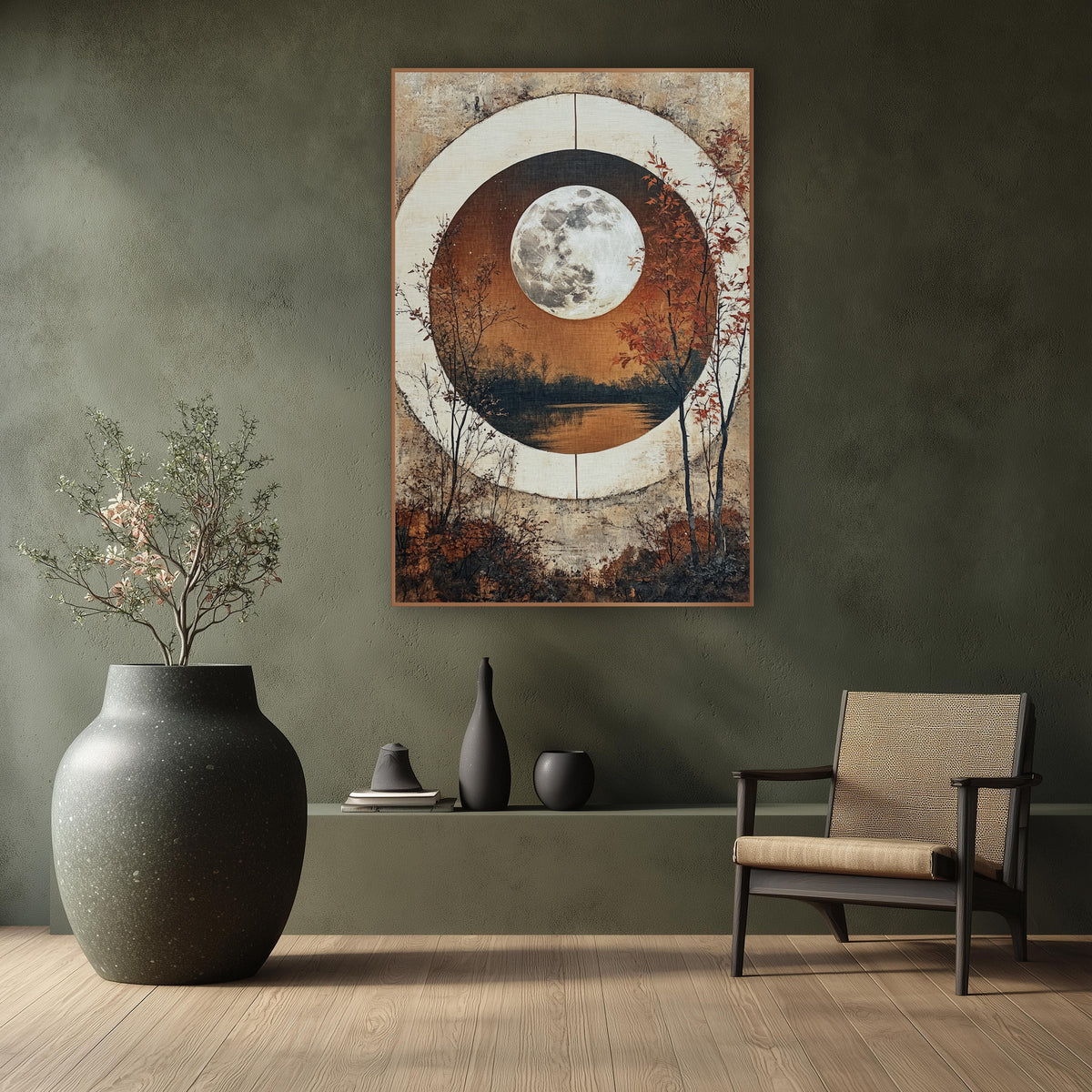 Full Moon Circle Window Landscape wall art in a calm Japandi-style room – full moon over a still lake inside a round