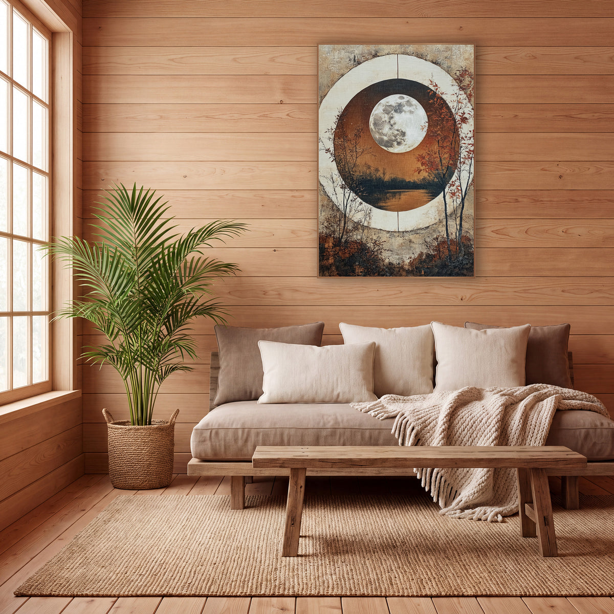 Full Moon Circle Window Landscape wall art in a calm Japandi-style room – full moon over a still lake inside a round