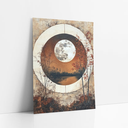 Full Moon Circle Window Landscape art print leaning against a white wall – full moon over a still lake inside a round cream