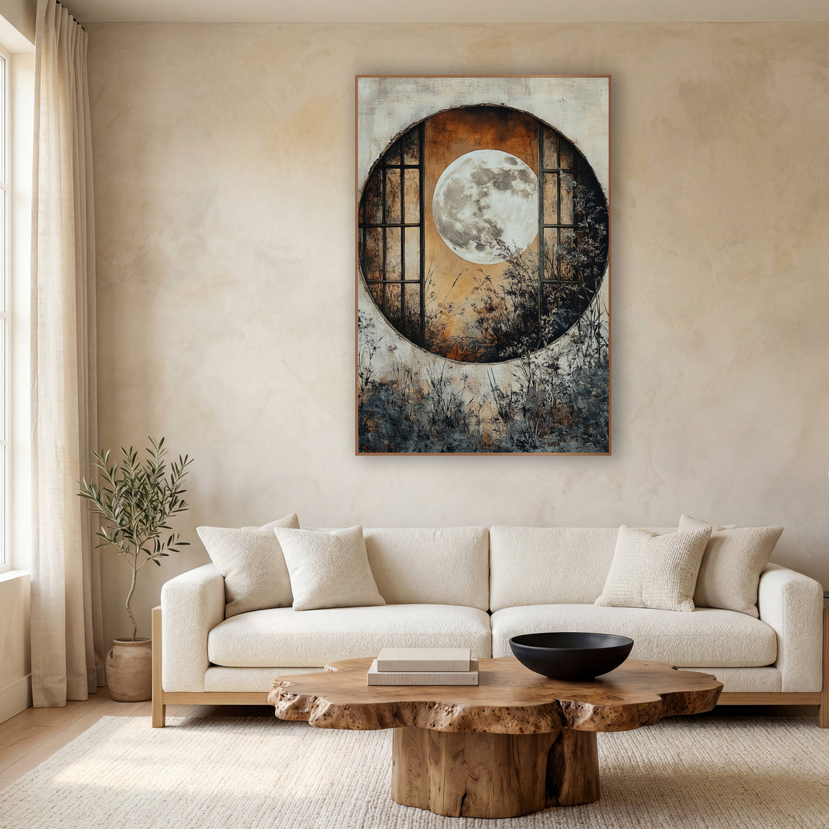 Full Moon Round Window Japandi wall art in a calm Japandi-style room – full moon framed by a round window with dark