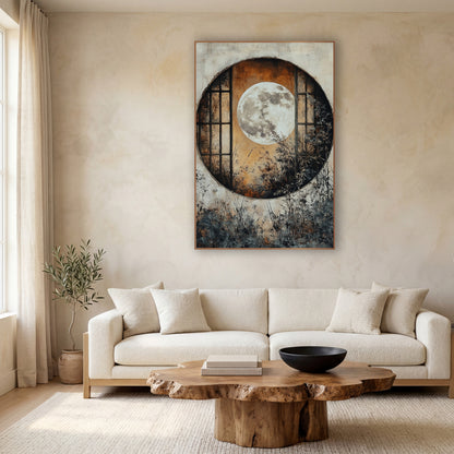 Full Moon Round Window Japandi wall art in a calm Japandi-style room – full moon framed by a round window with dark