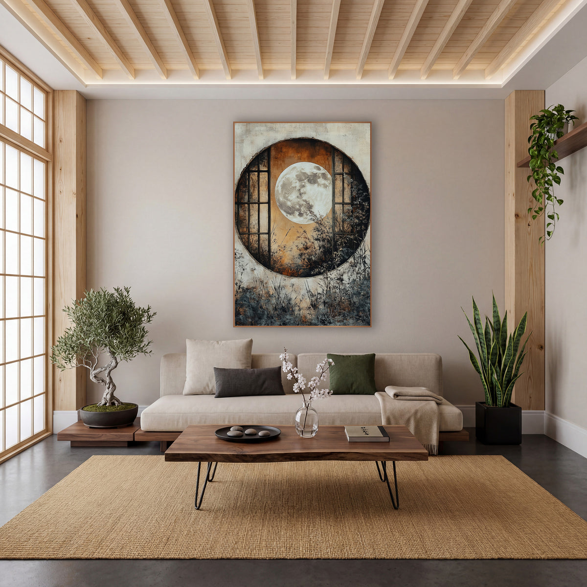 Full Moon Round Window Japandi wall art in a calm Japandi-style room – full moon framed by a round window with dark